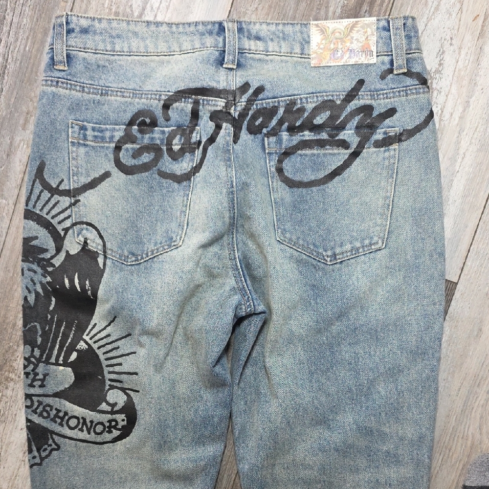 Ed Hardy | "Death Before Dishonor" Distressed Slim Fit Tapered Jeans Sz 32